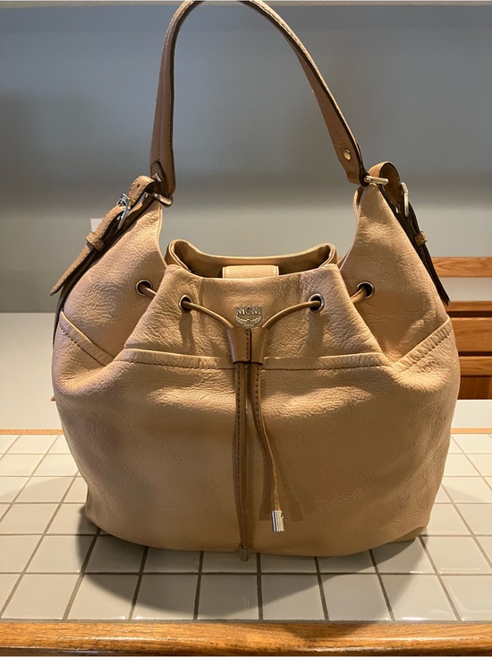 MCM Handbags - MCM Tan Drawstring Leather Shoulder Hobo